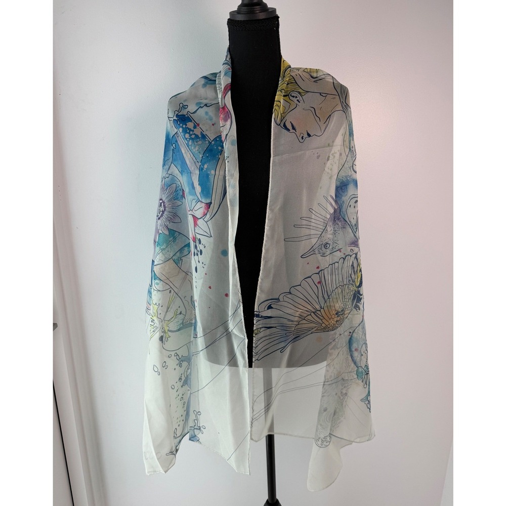 Watercolor Floral Butterfly Sheer Chiffon Long Wrap Scarf Lightweight Fairycore